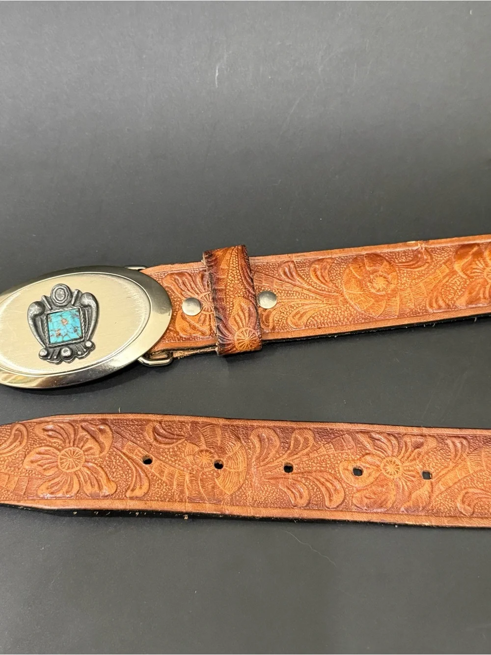 STEERHIDE Grain Bridle Brown Tooled Leather Silver Faux Turquoise Buckle Belt 36